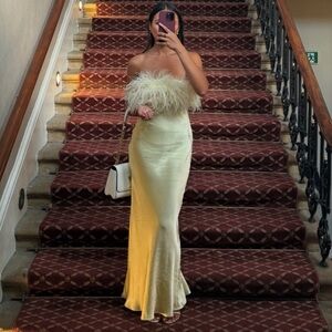 Zara Feather-Trim Strapless Midi Dress in Pale Yellow